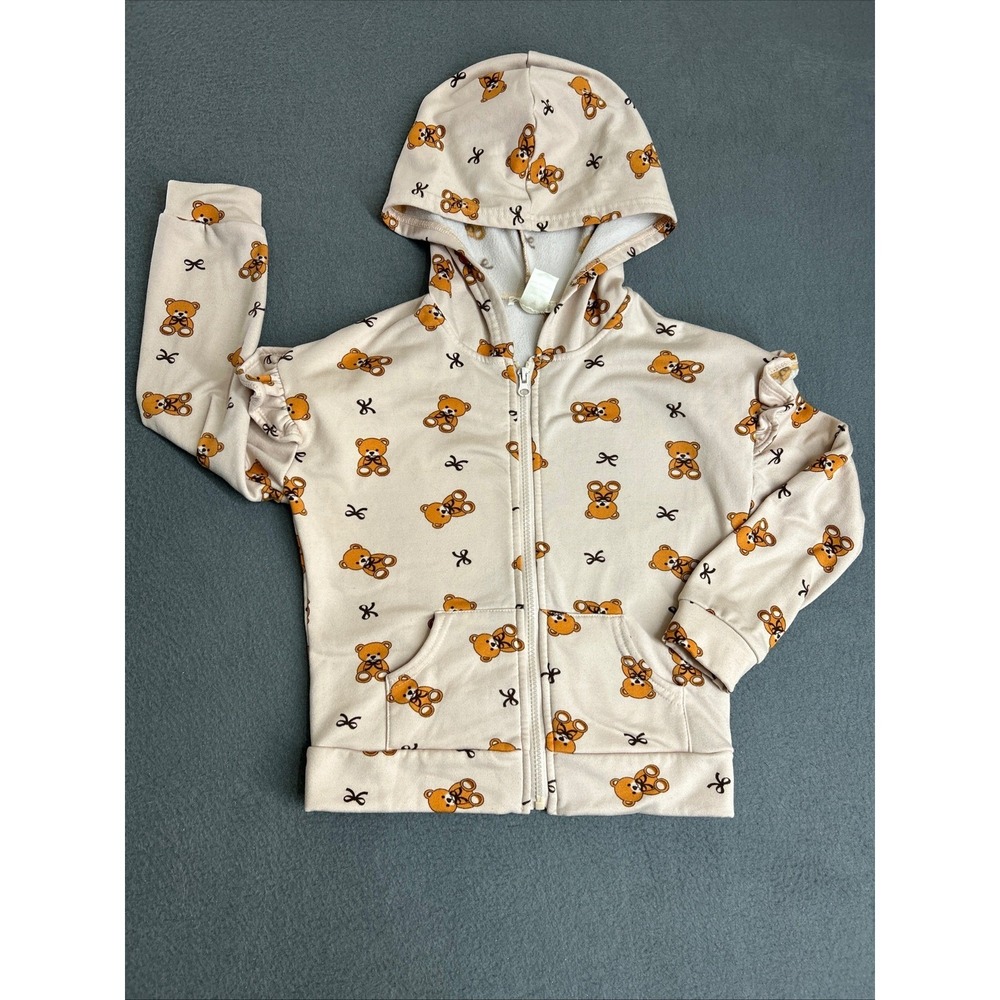 Luna & Co Hoodie Girls 6X Beige Teddy Bear Print Ruffle Zip Up Sweatshirt